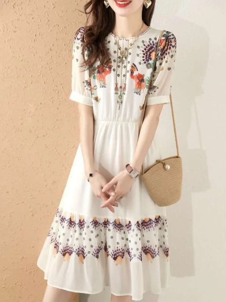 2022 Summer New White Chiffon Dress Gentle Wind Closing Waist Aging Long Skirt Super Fairy Mid Length Skirt Dresses for Women