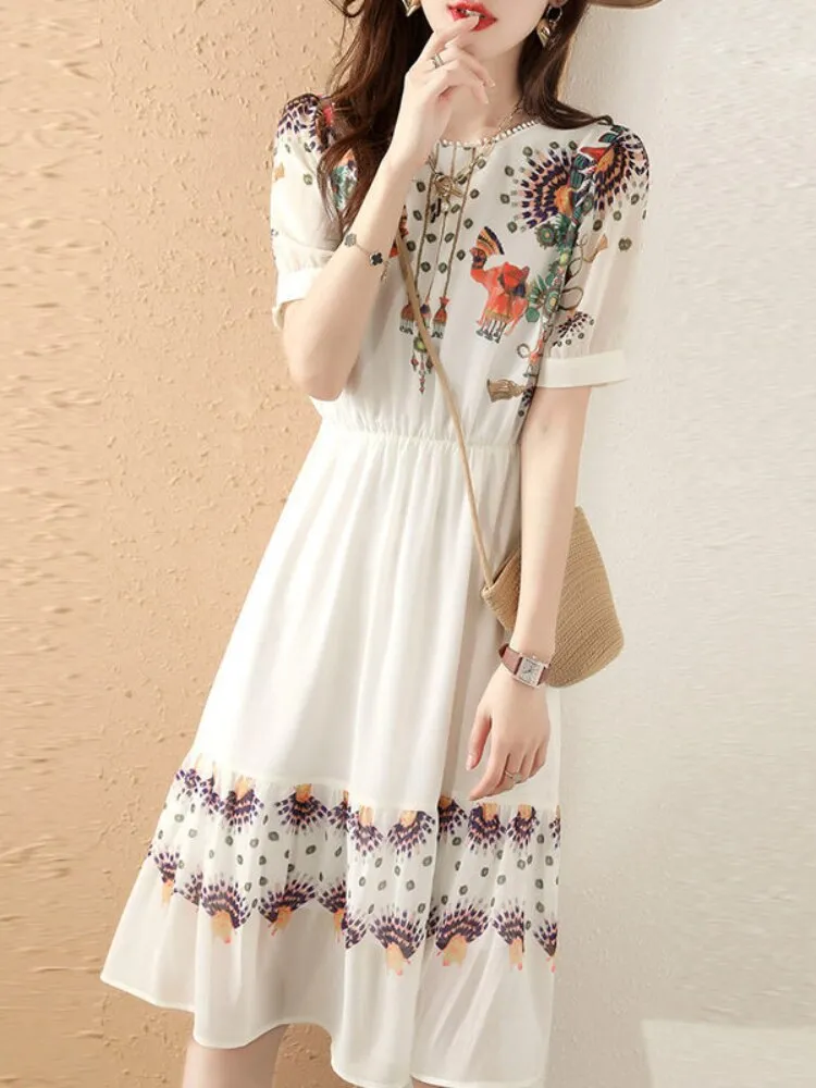 2022 Summer New White Chiffon Dress Gentle Wind Closing Waist Aging Long Skirt Super Fairy Mid Length Skirt Dresses for Women