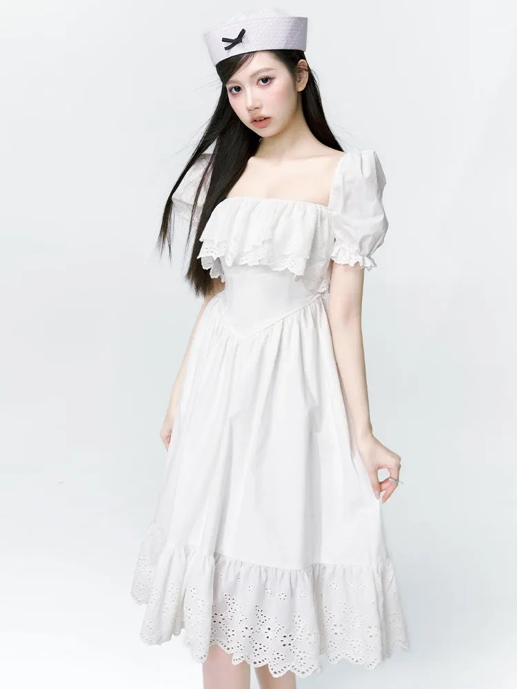 2type Puff-sleeve Fluffily Frill Sweet One-piece