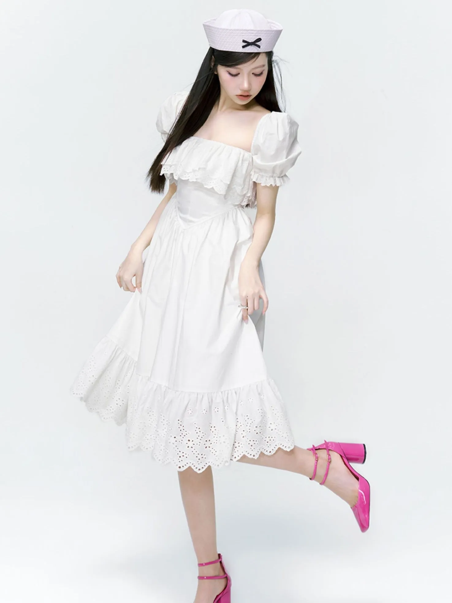 2type Puff-sleeve Fluffily Frill Sweet One-piece