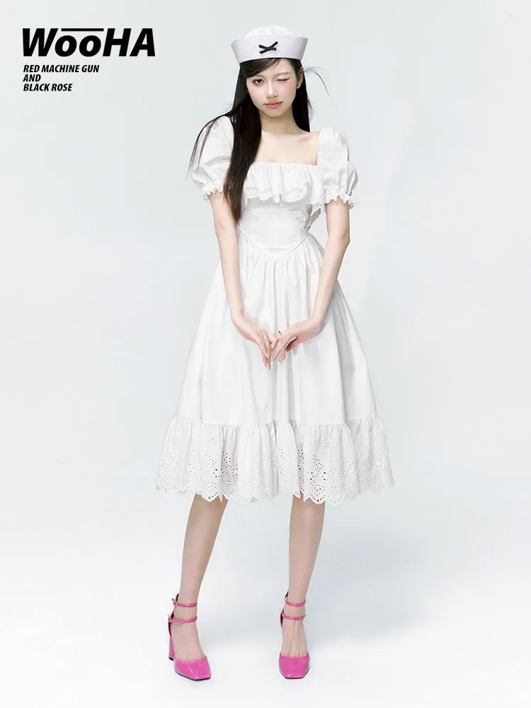 2type Puff-sleeve Fluffily Frill Sweet One-piece