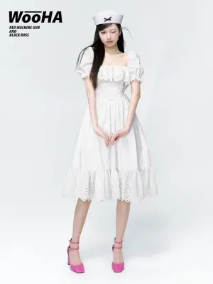 2type Puff-sleeve Fluffily Frill Sweet One-piece