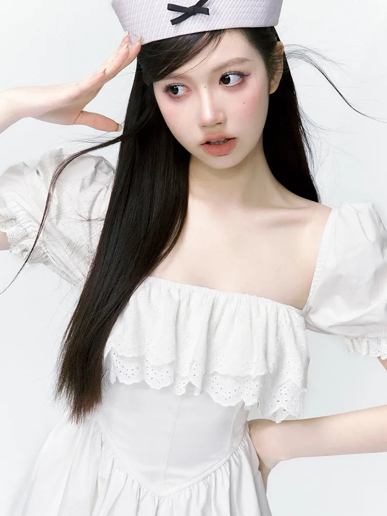 2type Puff-sleeve Fluffily Frill Sweet One-piece