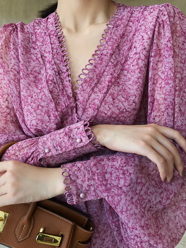 Aconiconi｜French style elegant printed floral chiffon summer dress - Nikol