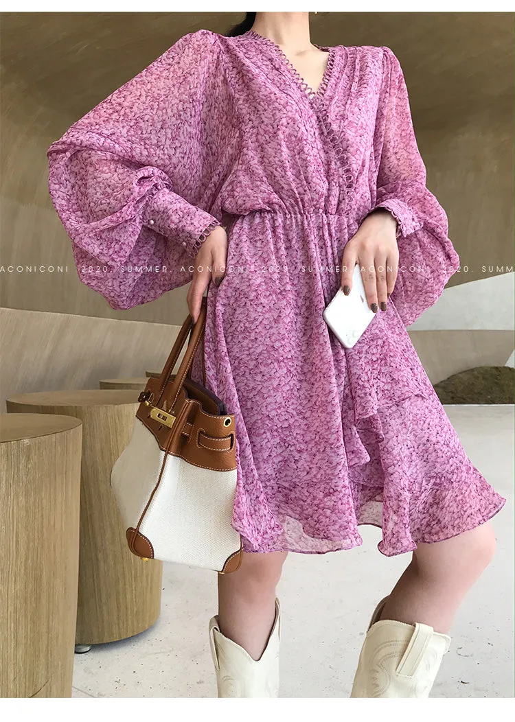 Aconiconi｜French style elegant printed floral chiffon summer dress - Nikol