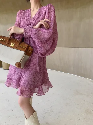 Aconiconi｜French style elegant printed floral chiffon summer dress - Nikol