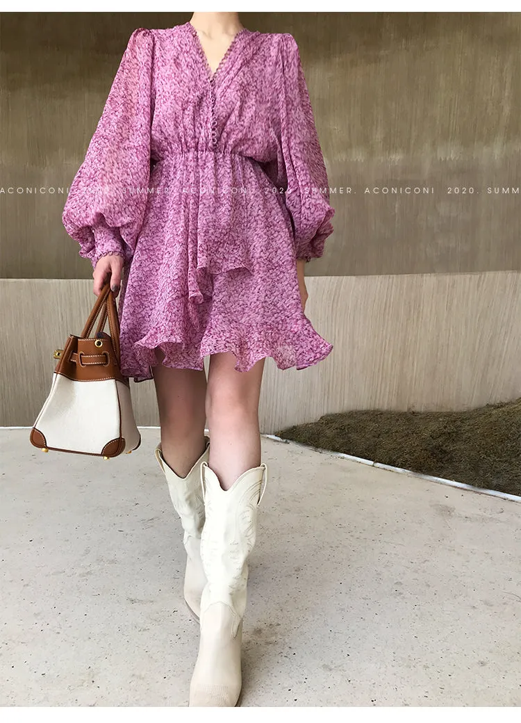 Aconiconi｜French style elegant printed floral chiffon summer dress - Nikol