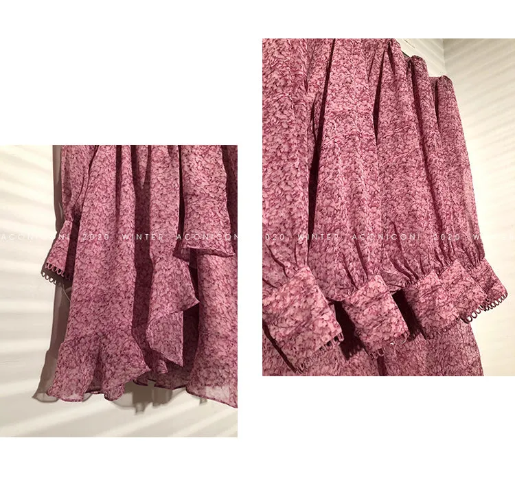 Aconiconi｜French style elegant printed floral chiffon summer dress - Nikol