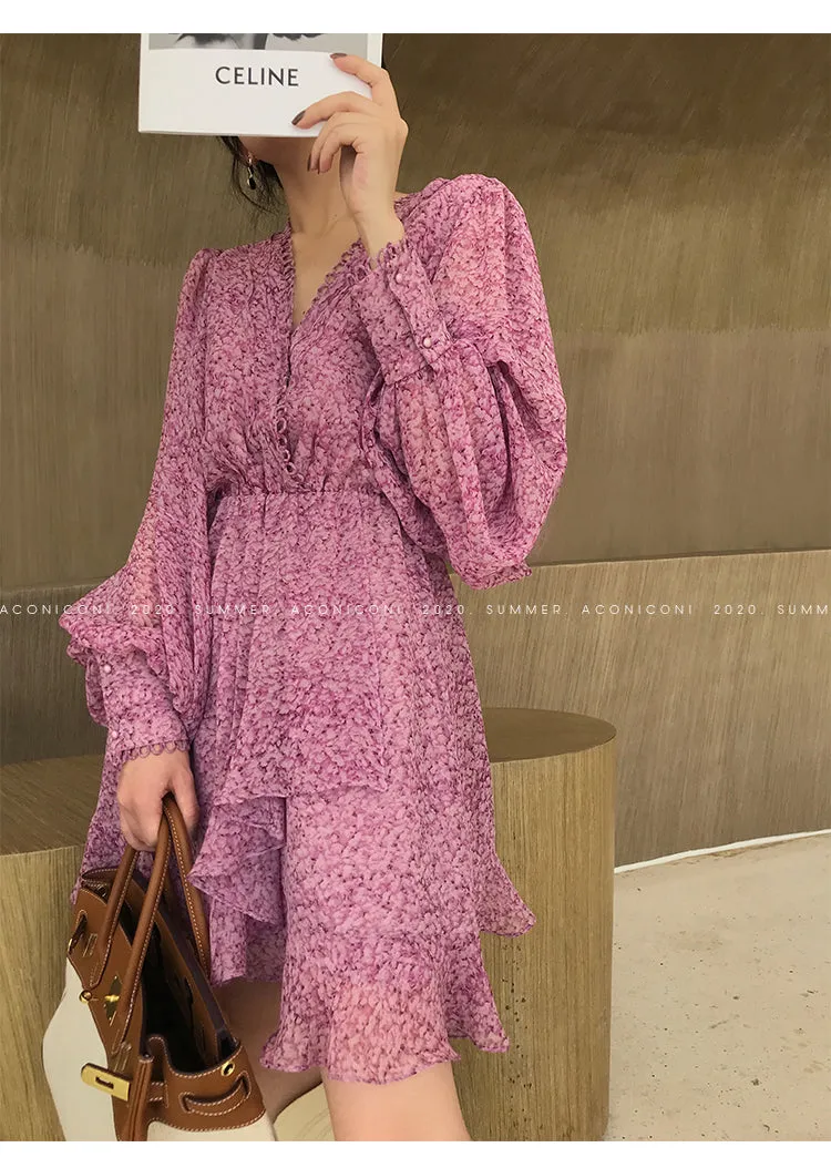 Aconiconi｜French style elegant printed floral chiffon summer dress - Nikol