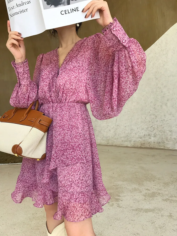 Aconiconi｜French style elegant printed floral chiffon summer dress - Nikol
