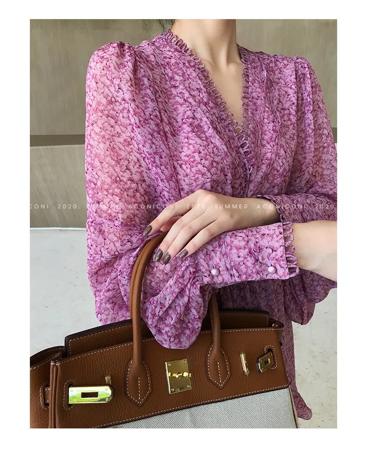 Aconiconi｜French style elegant printed floral chiffon summer dress - Nikol