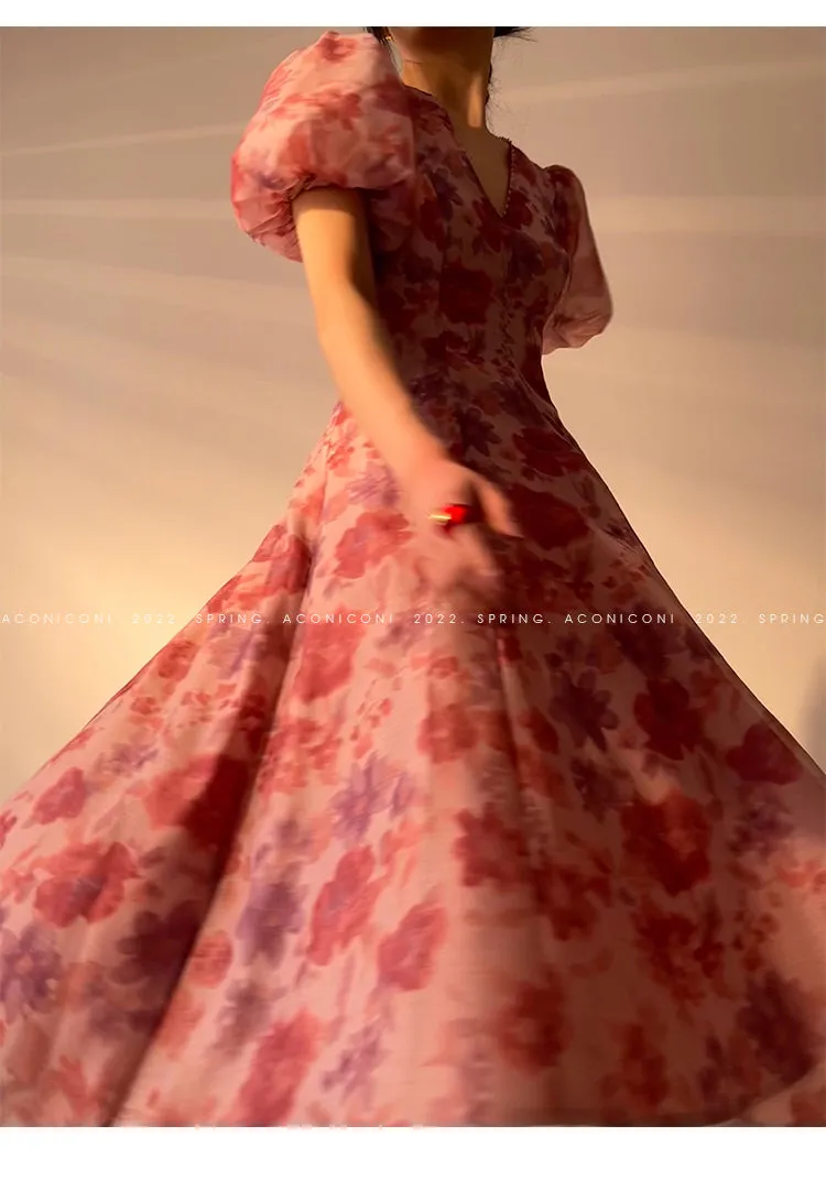 Aconiconi｜Romantic French print luxury handmade haute couture beaded v-neck midi dress - Pilore