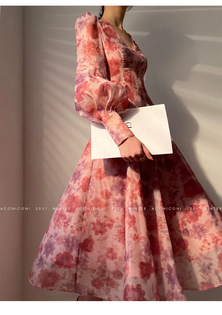 Aconiconi｜Romantic French print luxury handmade haute couture beaded v-neck midi dress - Pilore