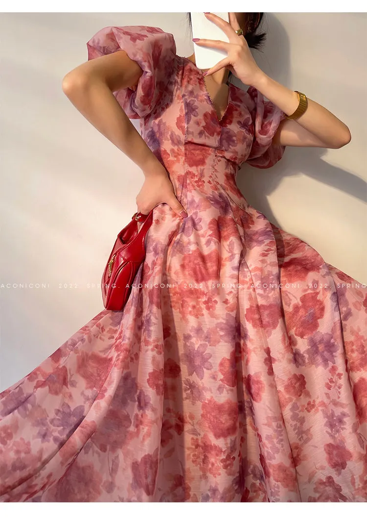 Aconiconi｜Romantic French print luxury handmade haute couture beaded v-neck midi dress - Pilore