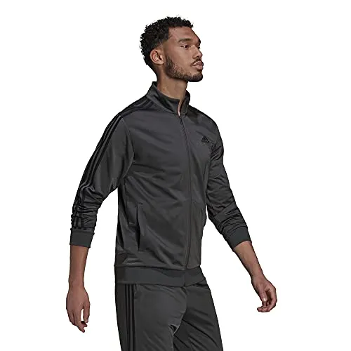 adidas Men's Essentials Warm-Up 3-Stripes Track Top, Dark Grey Heather/Black, Medium