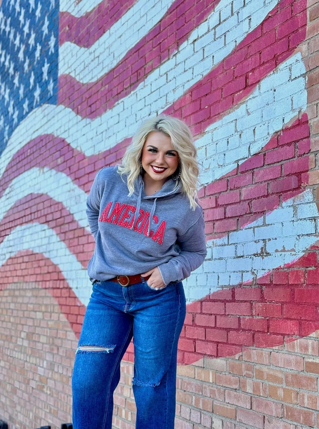 America Red Applique Hooded Sweatshirt by Texas True Threads