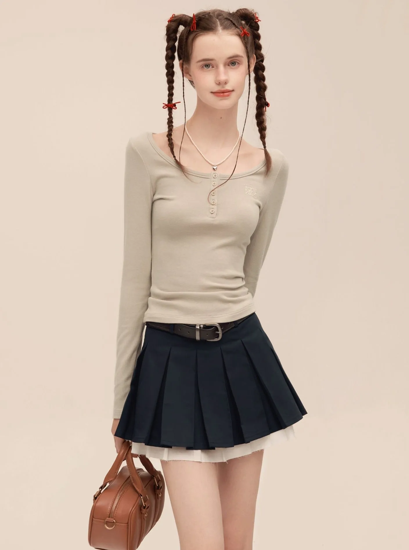 American Double Layer Contrast Pleated Skirt