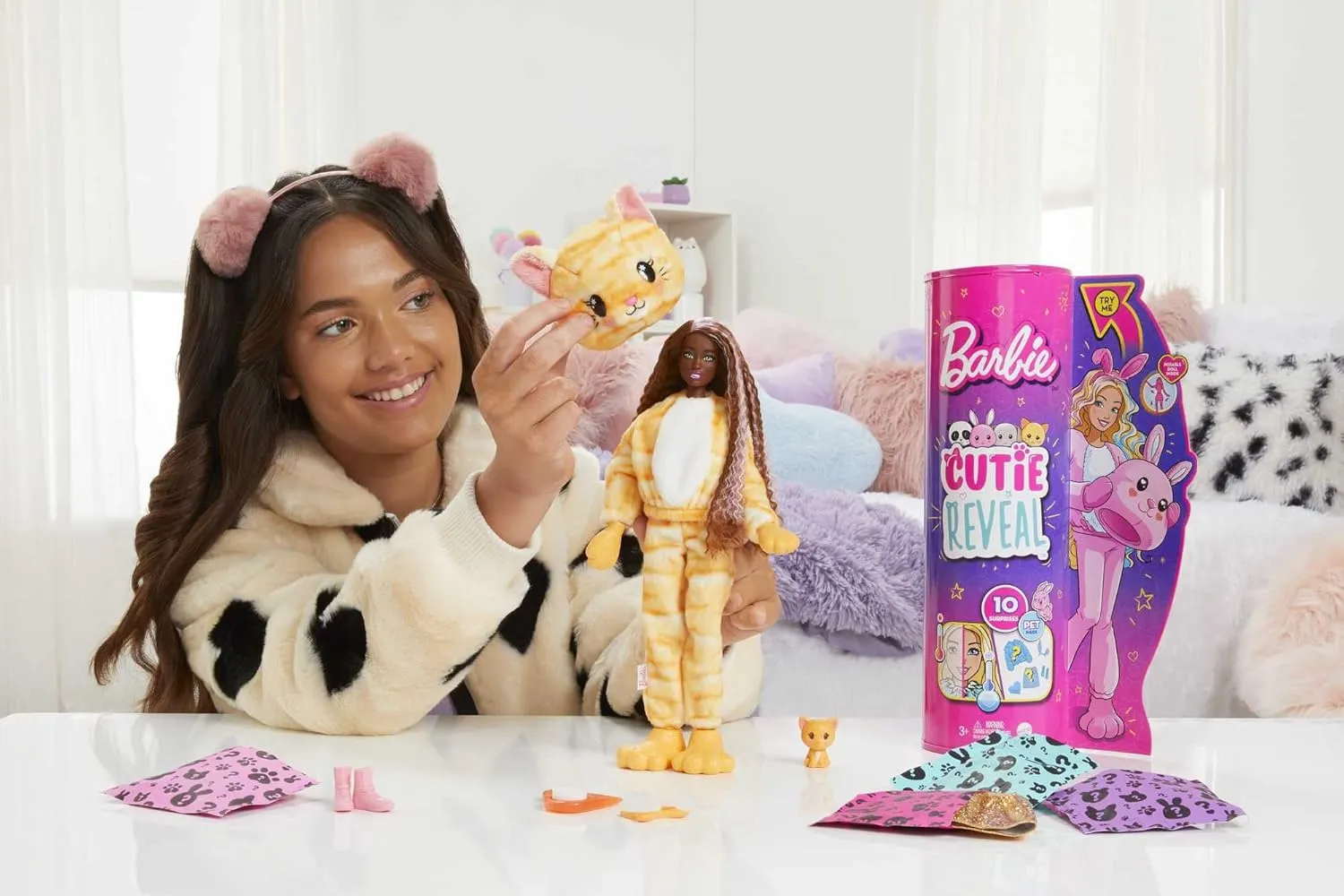 Barbie Cutie Reveal Doll with Kitty Plush Costume & 10 Surprises Including Mini Pet & Color Change