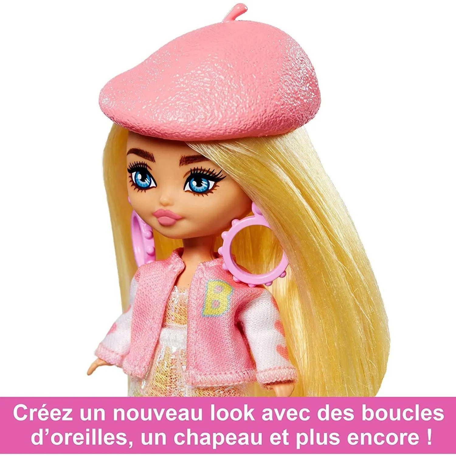 Barbie Extra Mini Minis Doll with Blonde Hair, Beret, Varsity Jacket & Accessories & Stand, 3.25-Inch