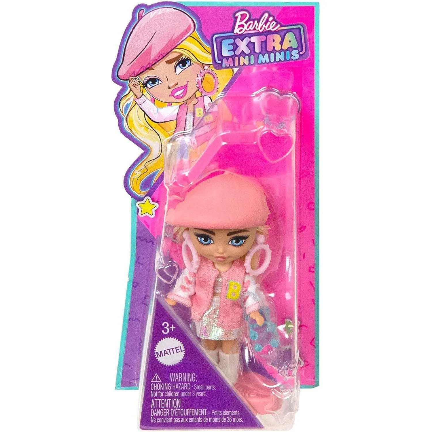 Barbie Extra Mini Minis Doll with Blonde Hair, Beret, Varsity Jacket & Accessories & Stand, 3.25-Inch