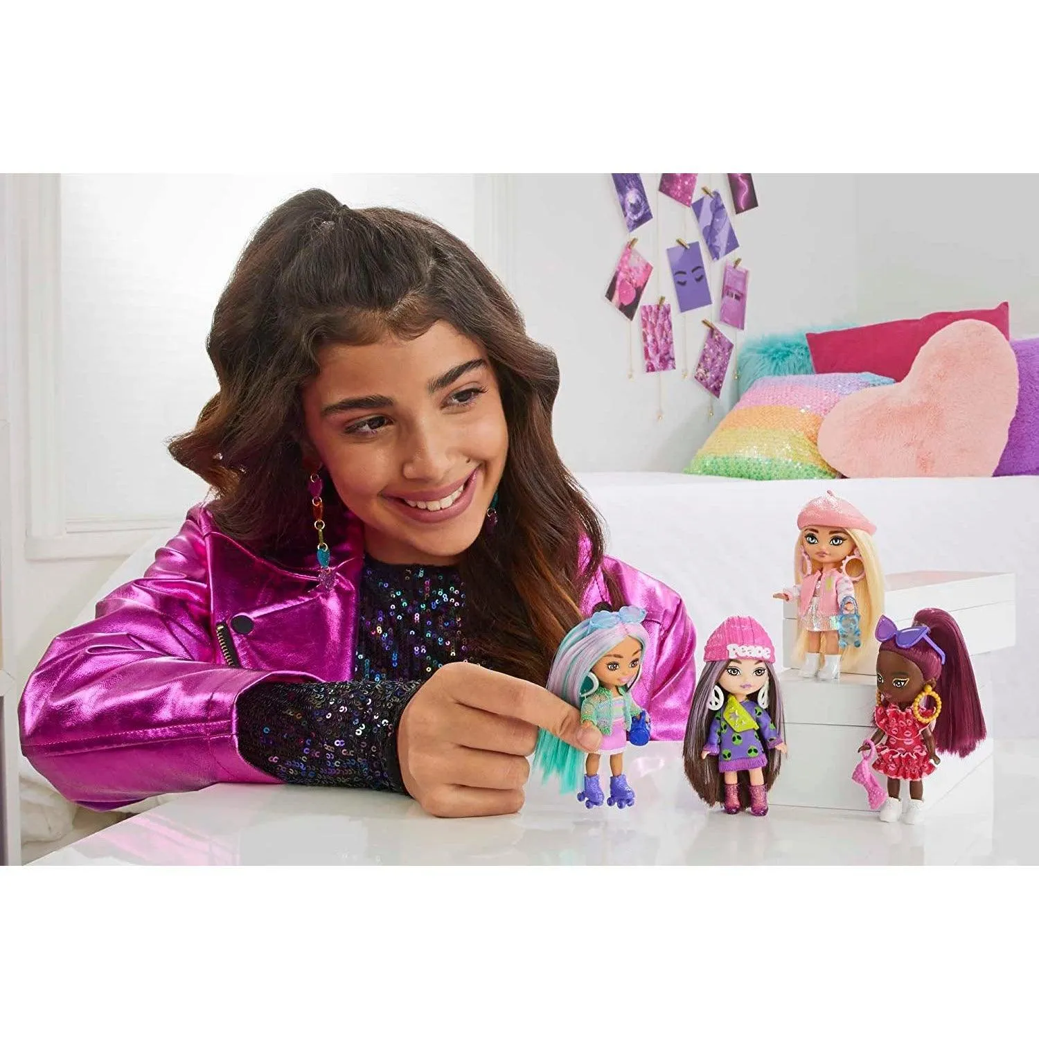 Barbie Extra Mini Minis Doll with Blonde Hair, Beret, Varsity Jacket & Accessories & Stand, 3.25-Inch