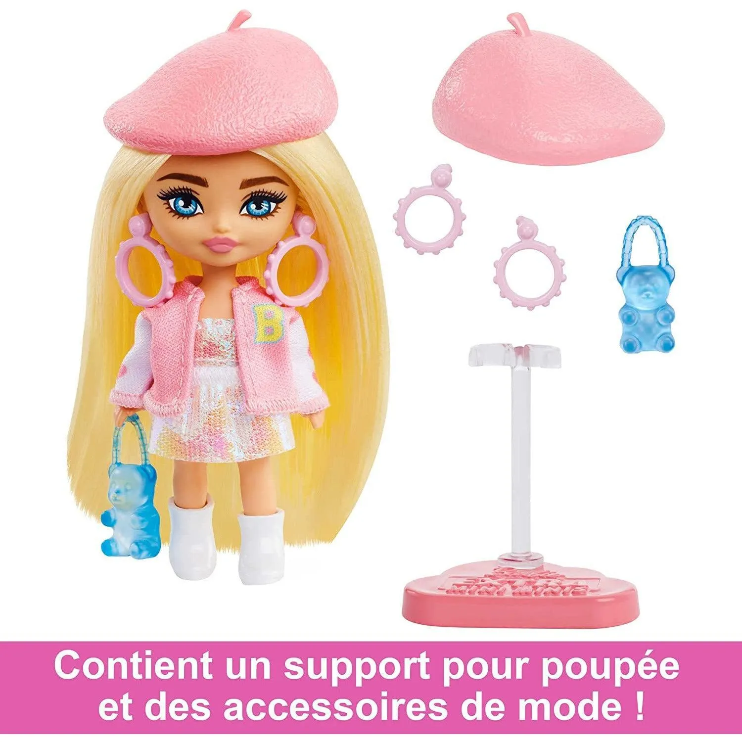 Barbie Extra Mini Minis Doll with Blonde Hair, Beret, Varsity Jacket & Accessories & Stand, 3.25-Inch
