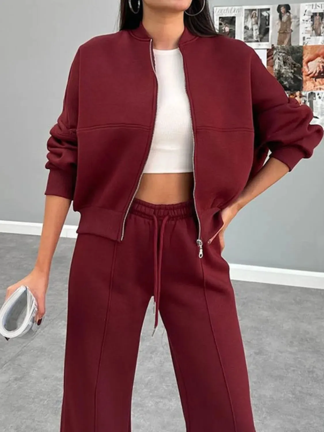 Baseball Collar Zip-Up & Drawstring Pants Set