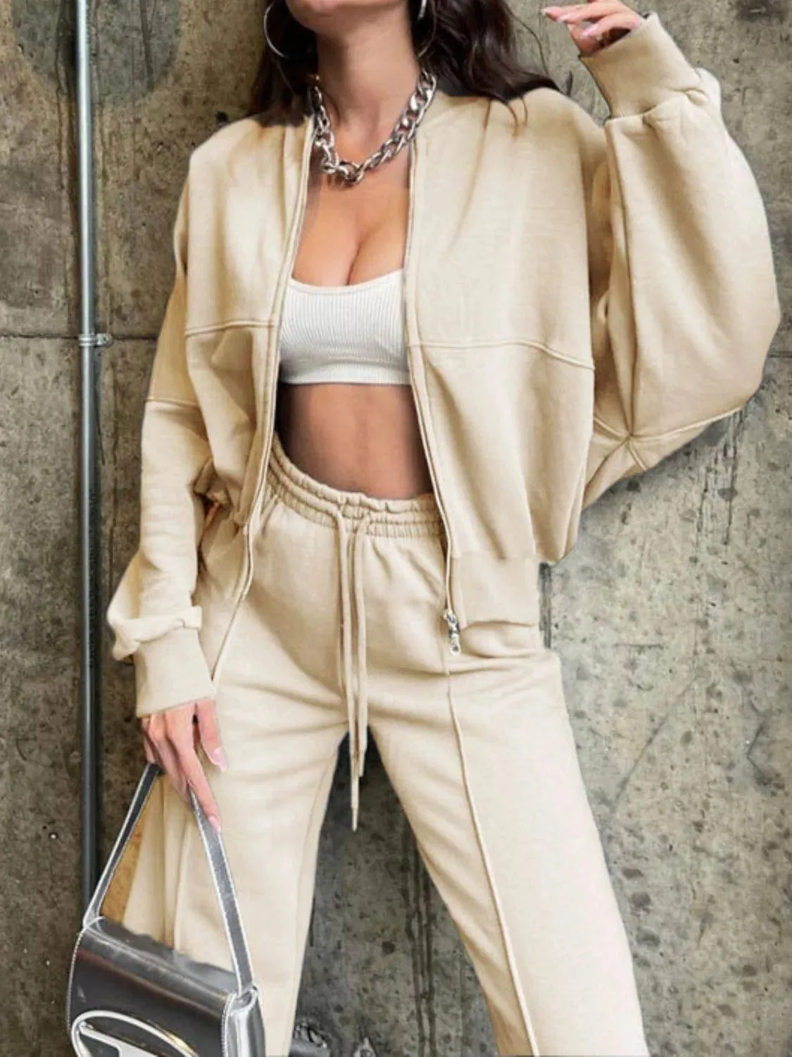 Baseball Collar Zip-Up & Drawstring Pants Set