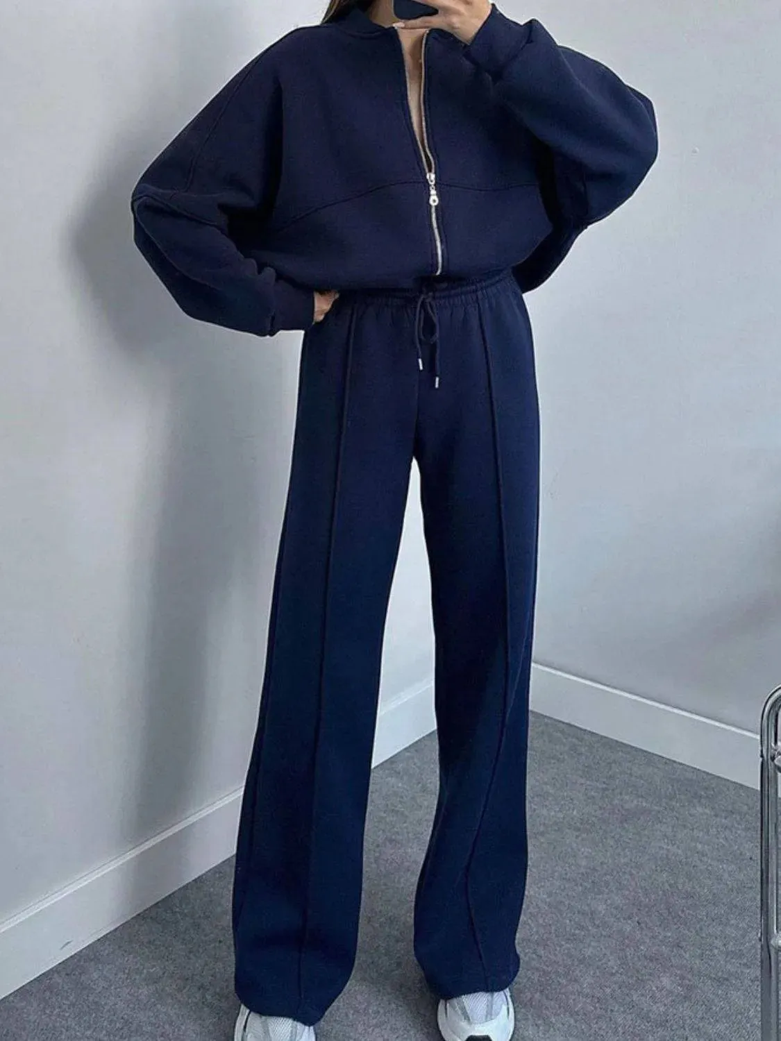 Baseball Collar Zip-Up & Drawstring Pants Set