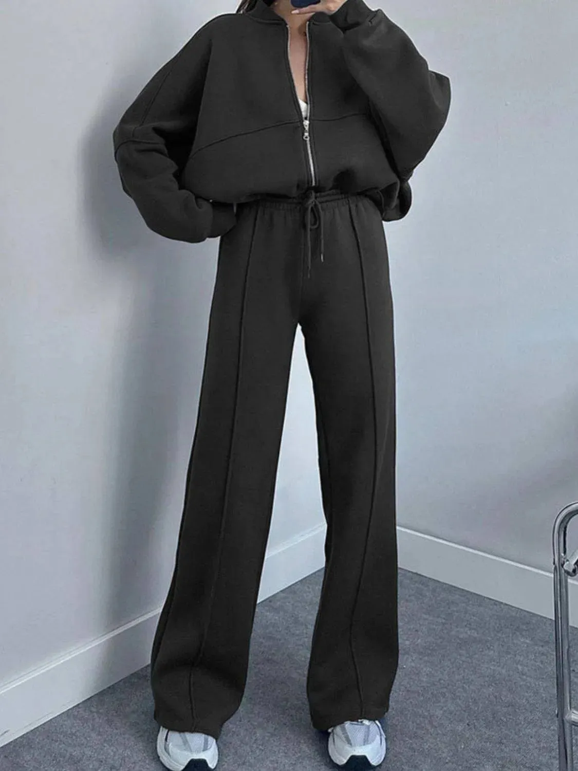 Baseball Collar Zip-Up & Drawstring Pants Set