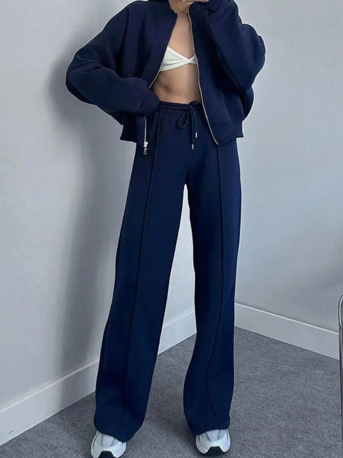 Baseball Collar Zip-Up & Drawstring Pants Set