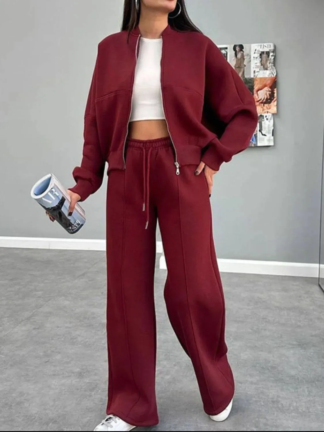 Baseball Collar Zip-Up & Drawstring Pants Set