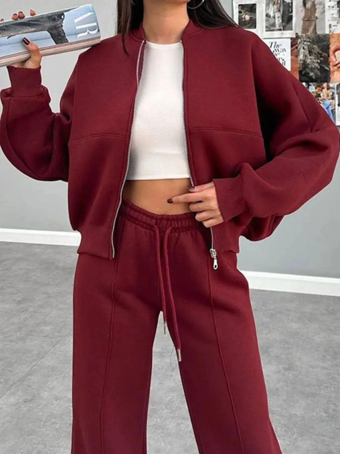 Baseball Collar Zip-Up & Drawstring Pants Set