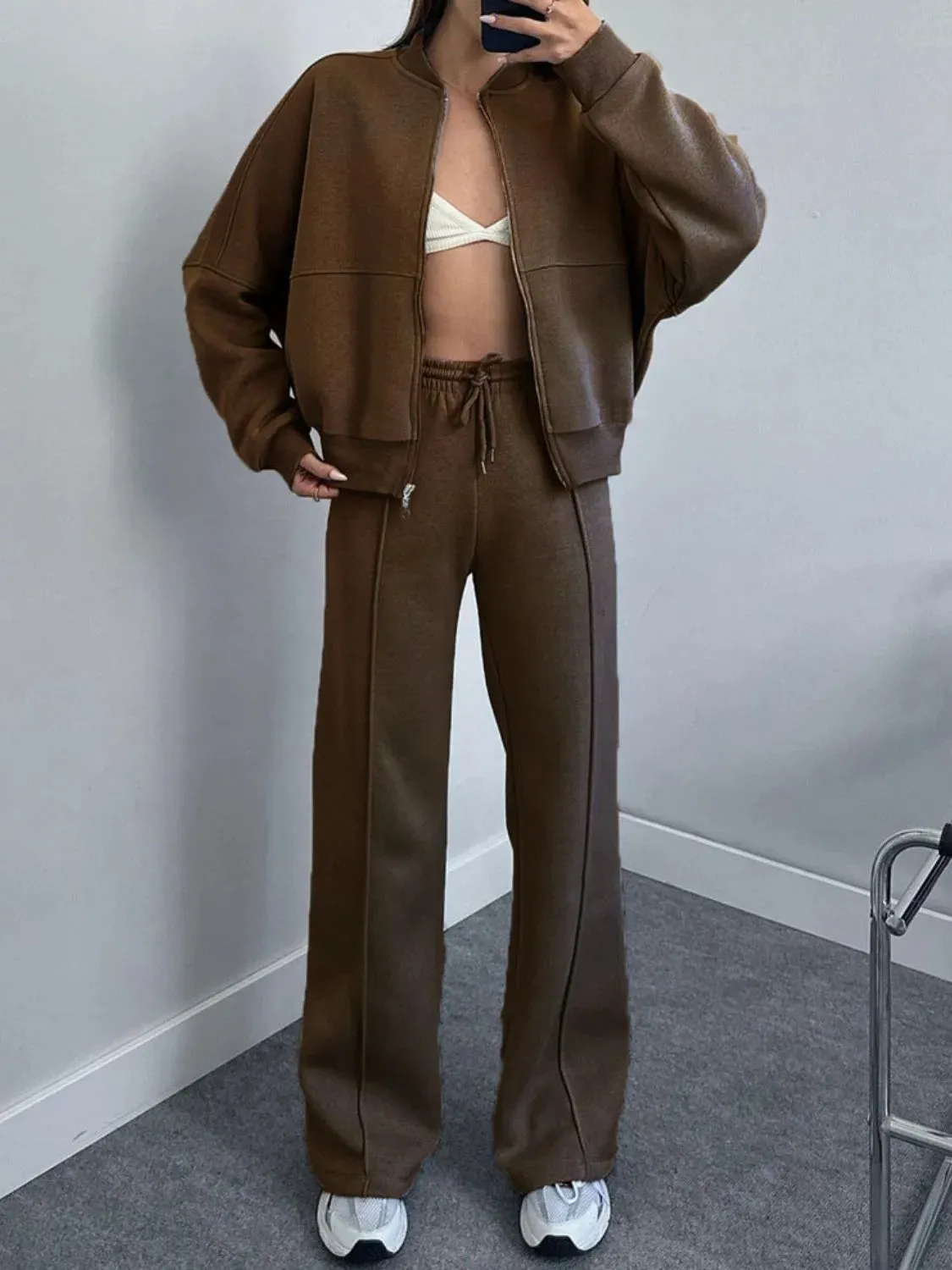 Baseball Collar Zip-Up & Drawstring Pants Set