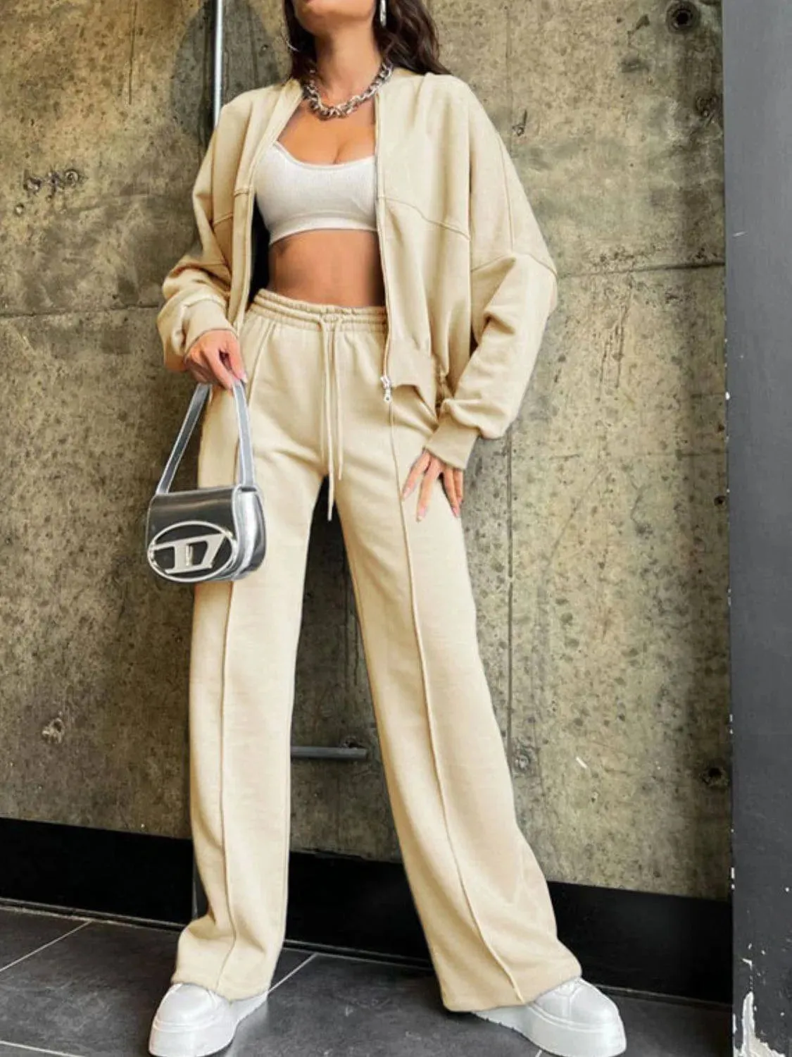 Baseball Collar Zip-Up & Drawstring Pants Set