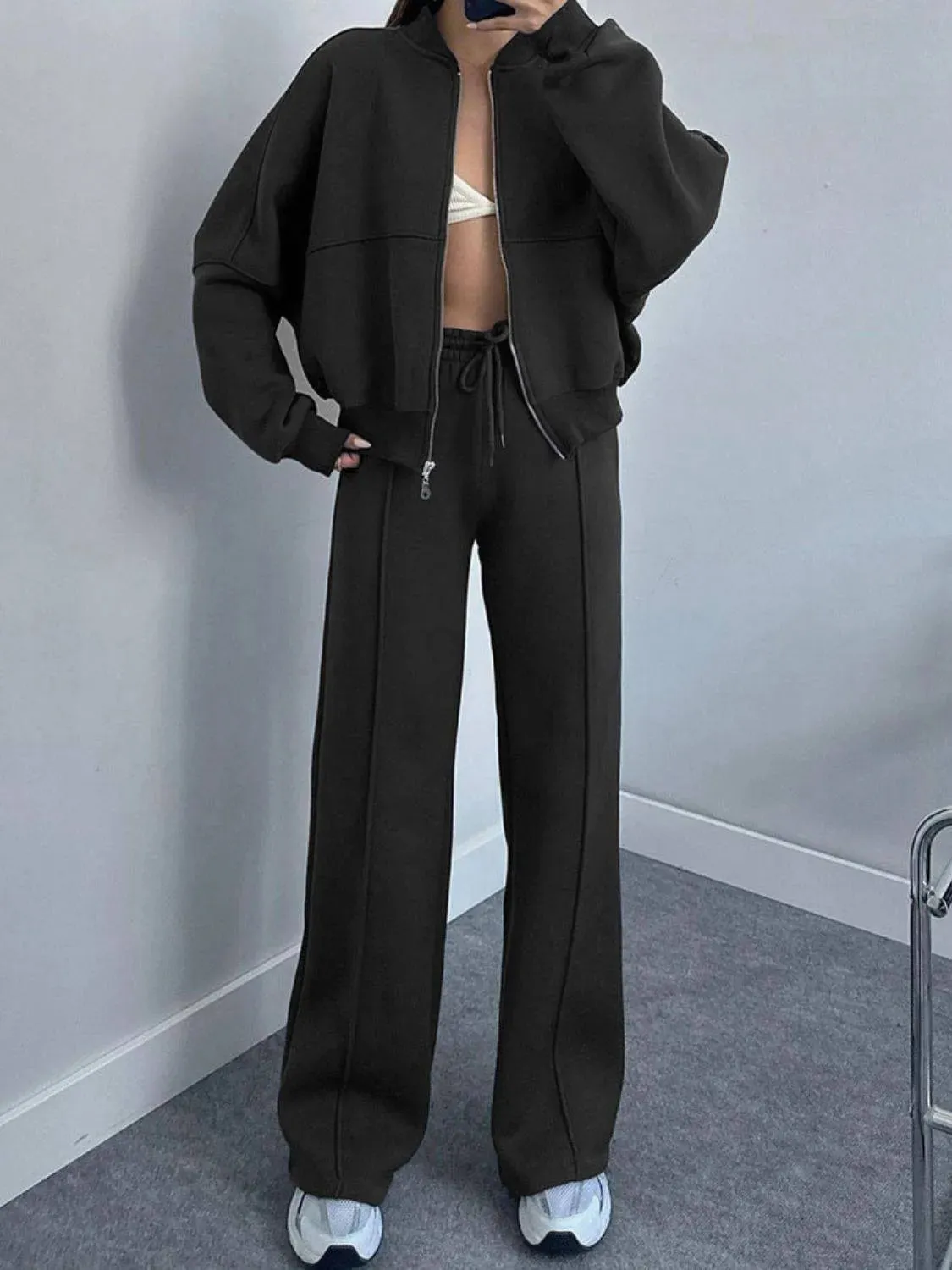 Baseball Collar Zip-Up & Drawstring Pants Set