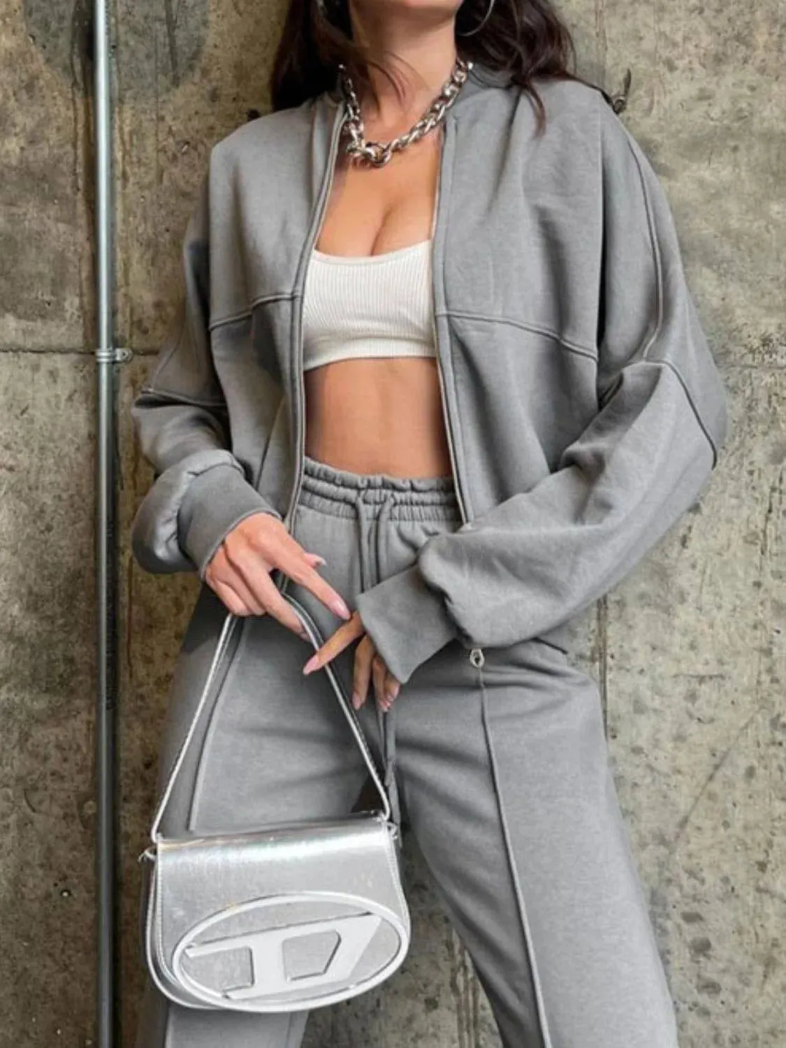 Baseball Collar Zip-Up & Drawstring Pants Set