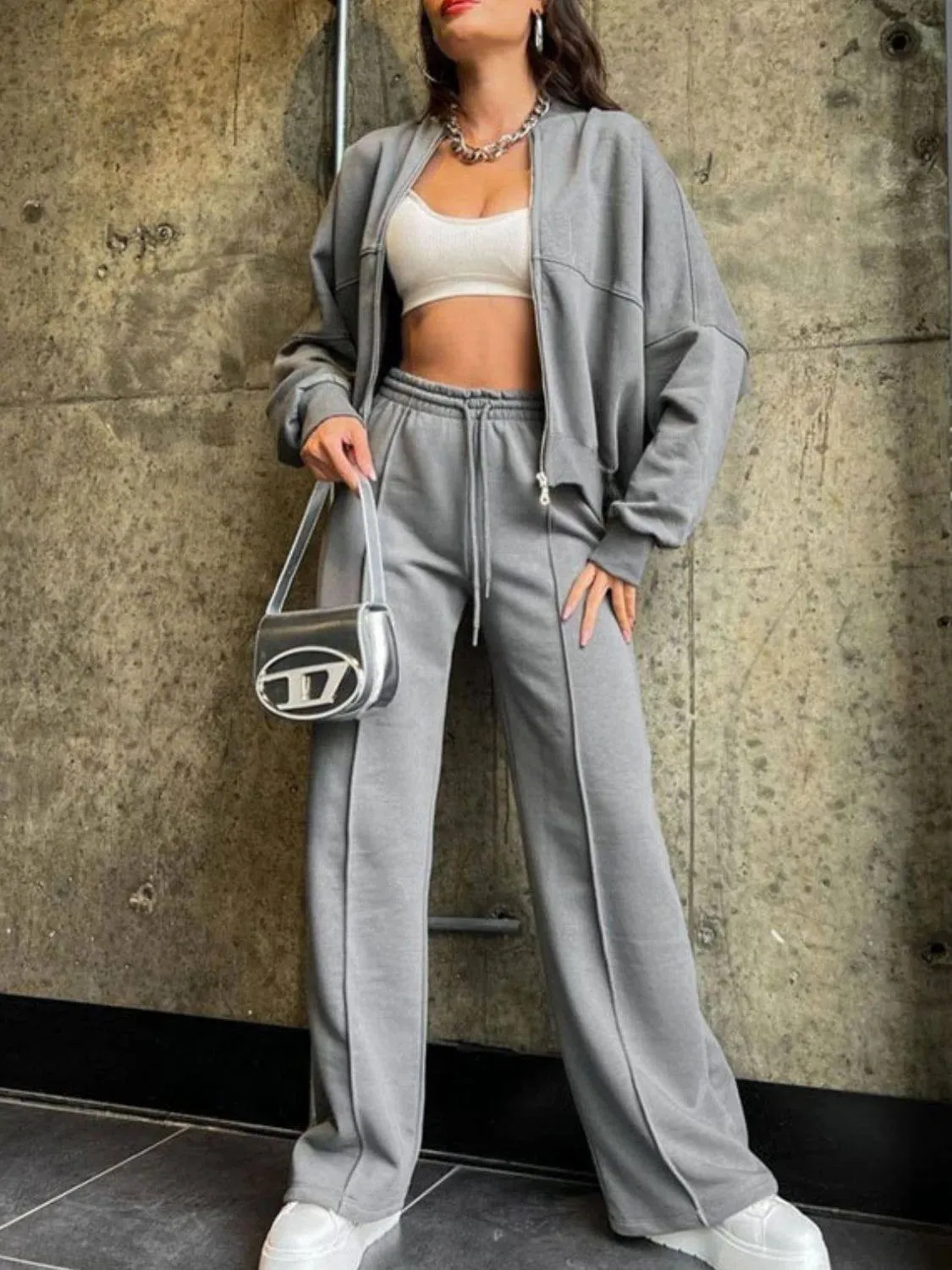 Baseball Collar Zip-Up & Drawstring Pants Set