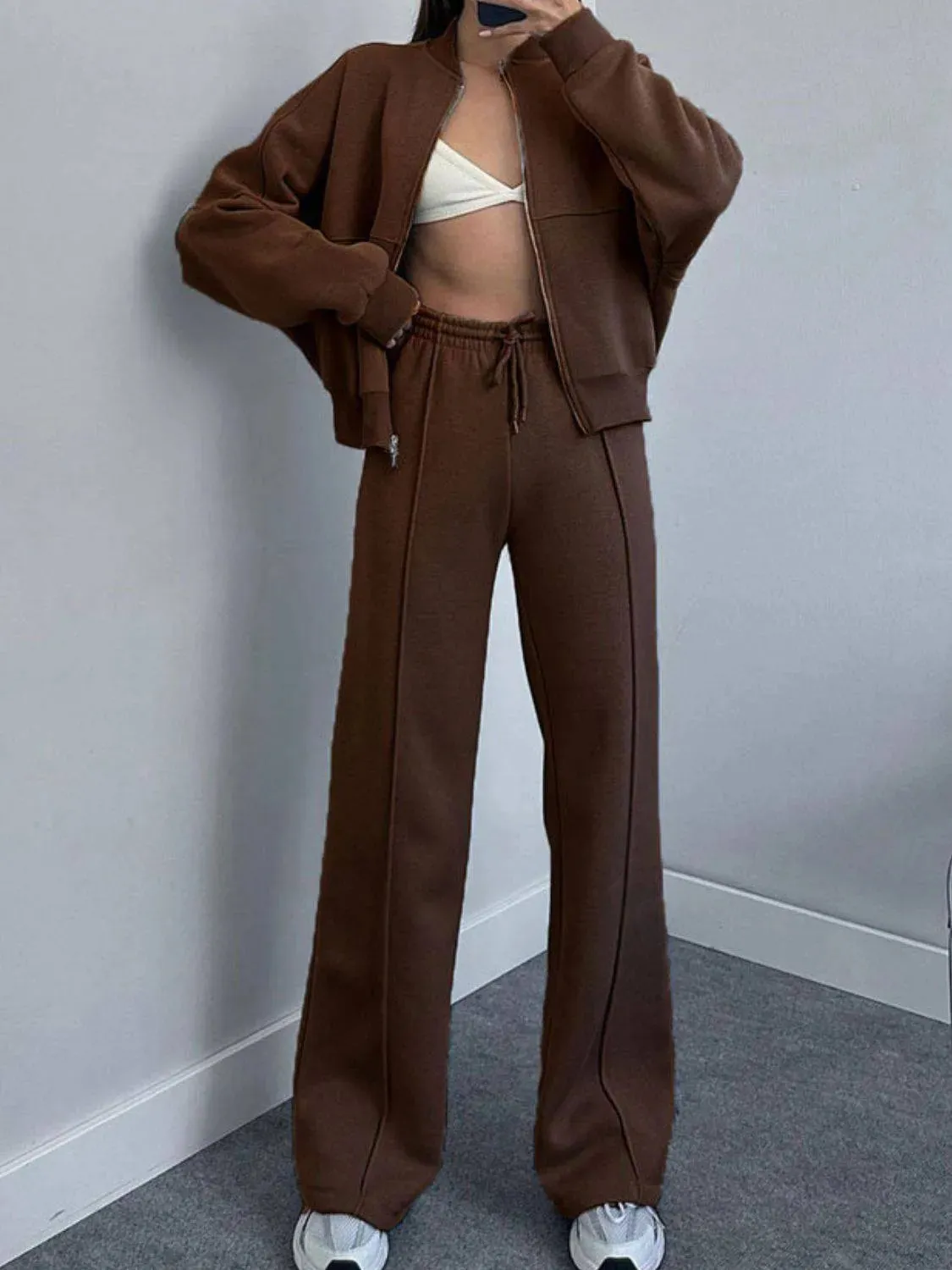 Baseball Collar Zip-Up & Drawstring Pants Set