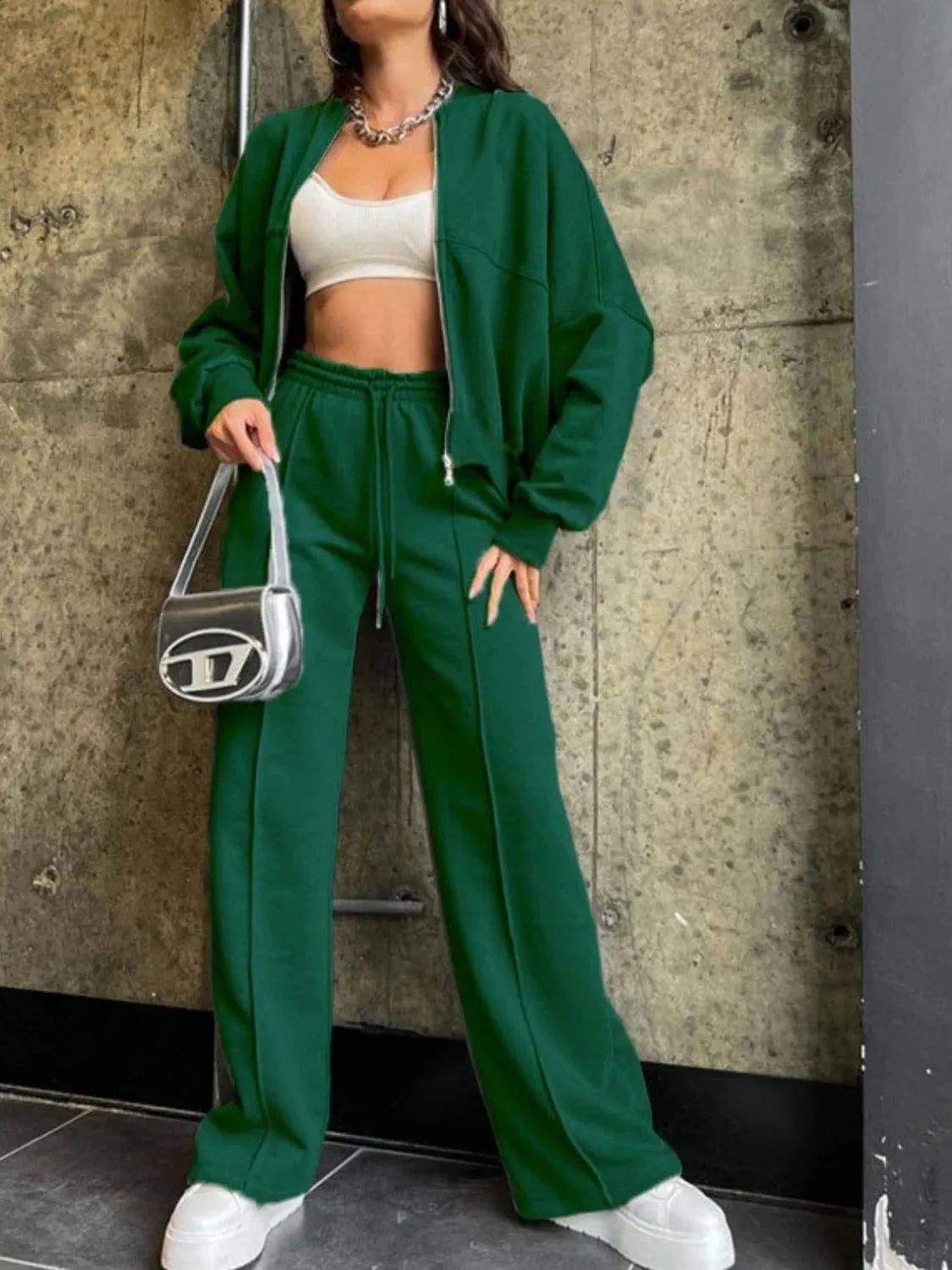 Baseball Collar Zip-Up & Drawstring Pants Set