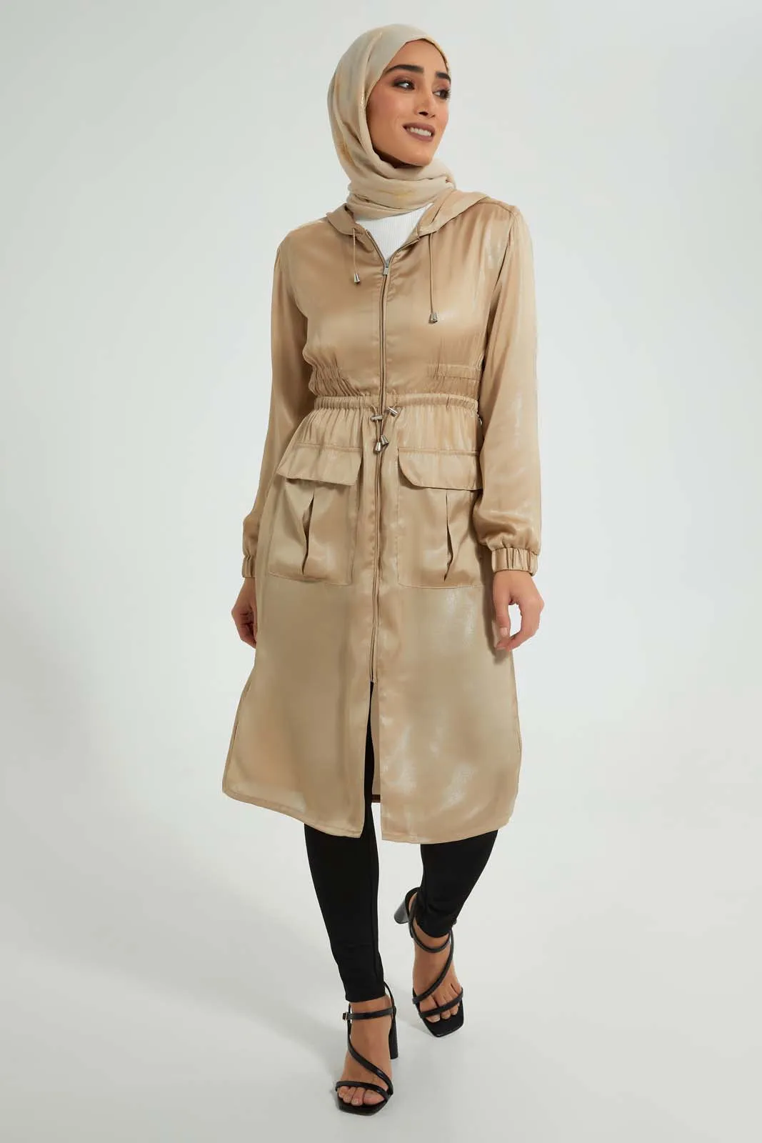 Beige Hooded Shimmery Long Line Jacket
