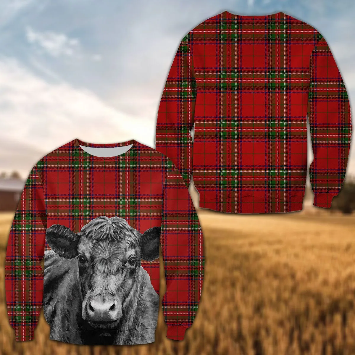 Black Angus Tartan Caro Pattern 3D Christmas Sweatshirt, Gift for Farmers Cow Lovers