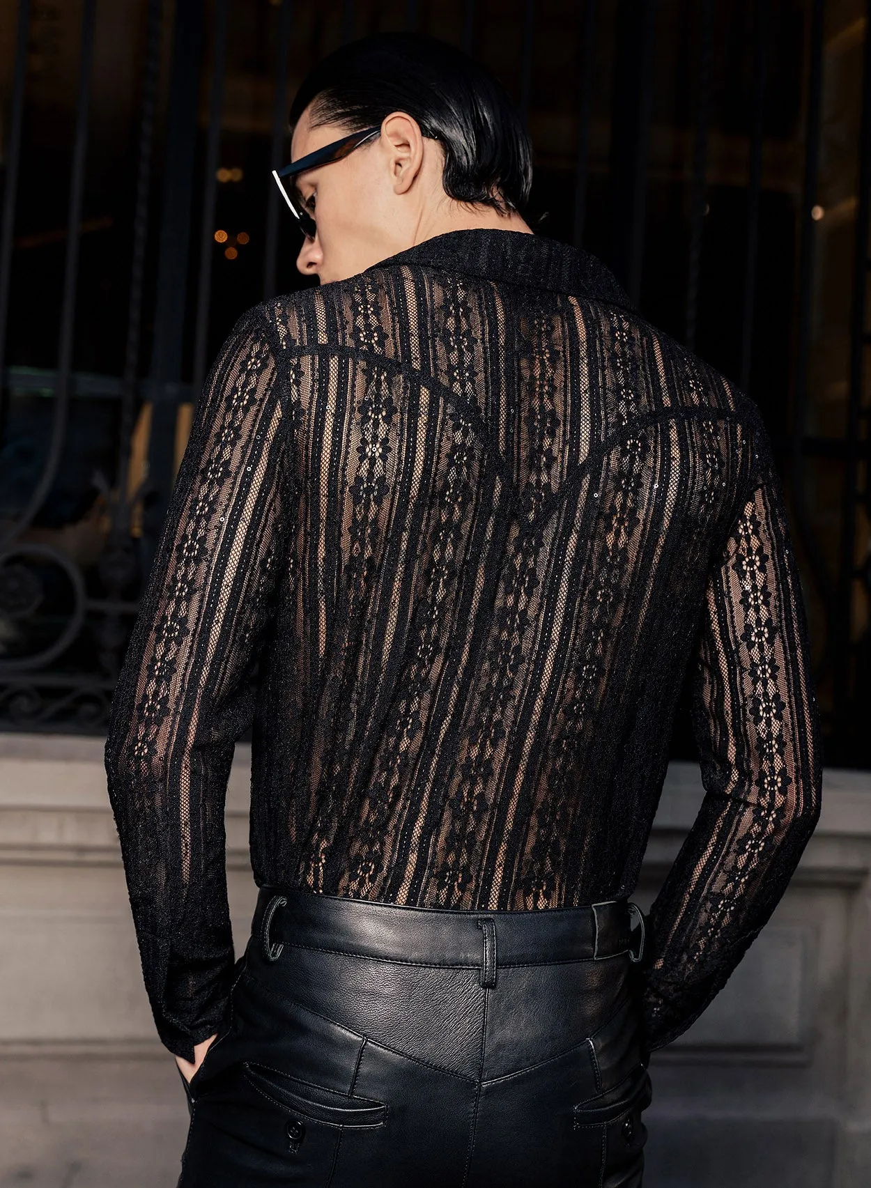 Black Lace Long Sleeve Sequin Shirt