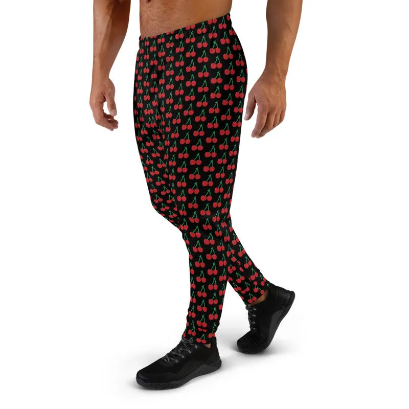 Black Red Cherries Men's Joggers, Designer Cherry Print Sweatpants For Men-Made in EU
