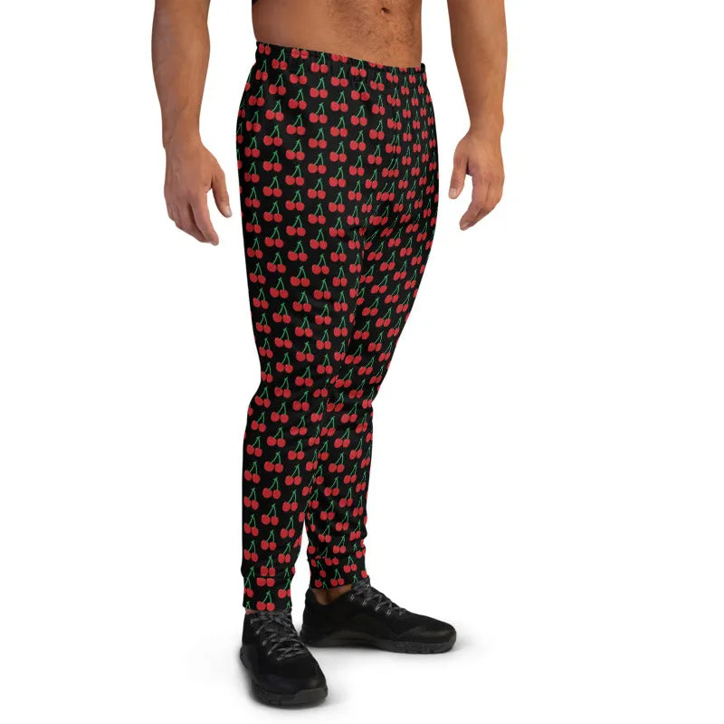 Black Red Cherries Men's Joggers, Designer Cherry Print Sweatpants For Men-Made in EU