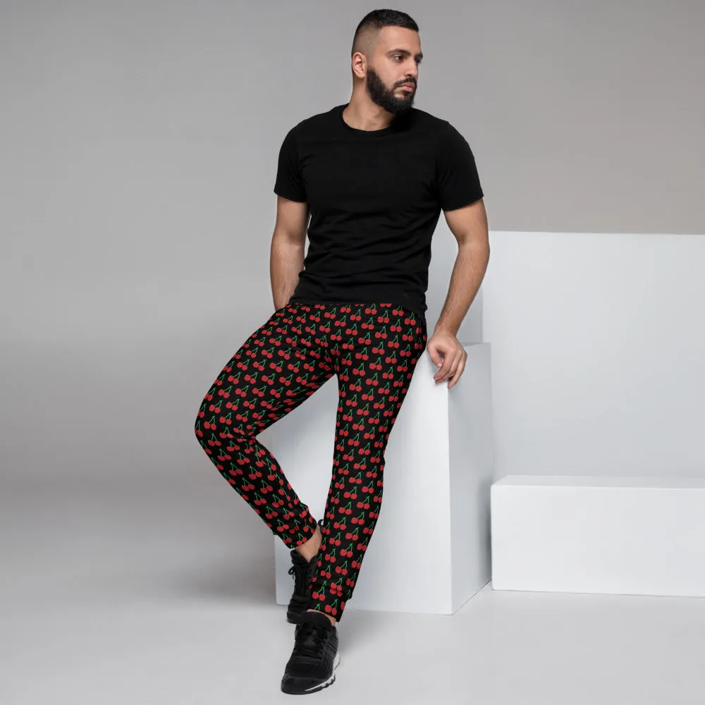 Black Red Cherries Men's Joggers, Designer Cherry Print Sweatpants For Men-Made in EU