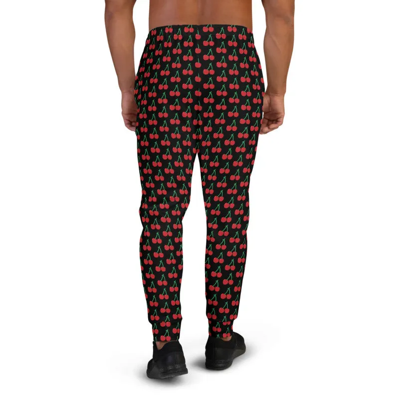 Black Red Cherries Men's Joggers, Designer Cherry Print Sweatpants For Men-Made in EU