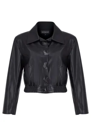 Black Vegan Leather Button Detailed Jacket