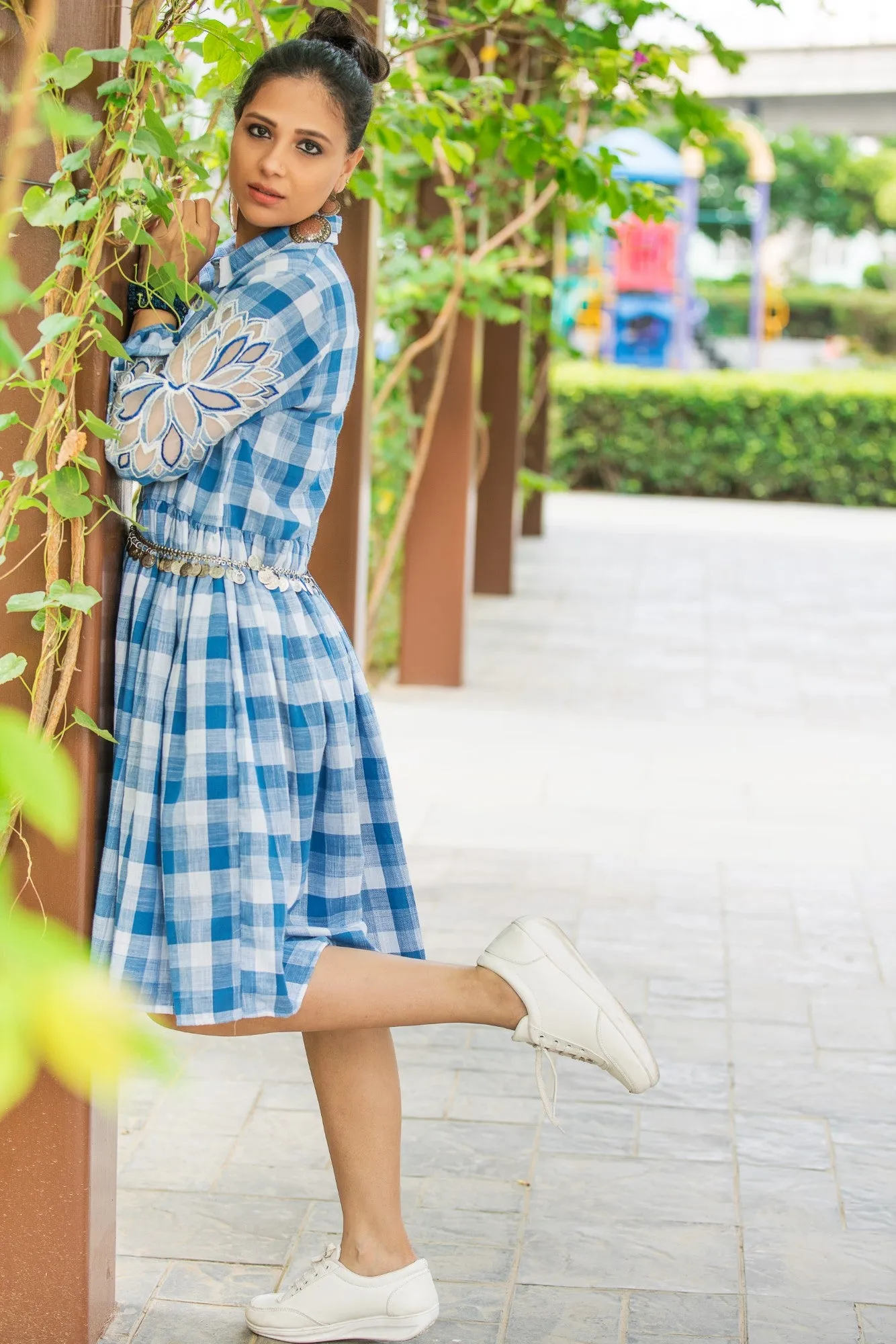 Blue Checked Double Collar Dress