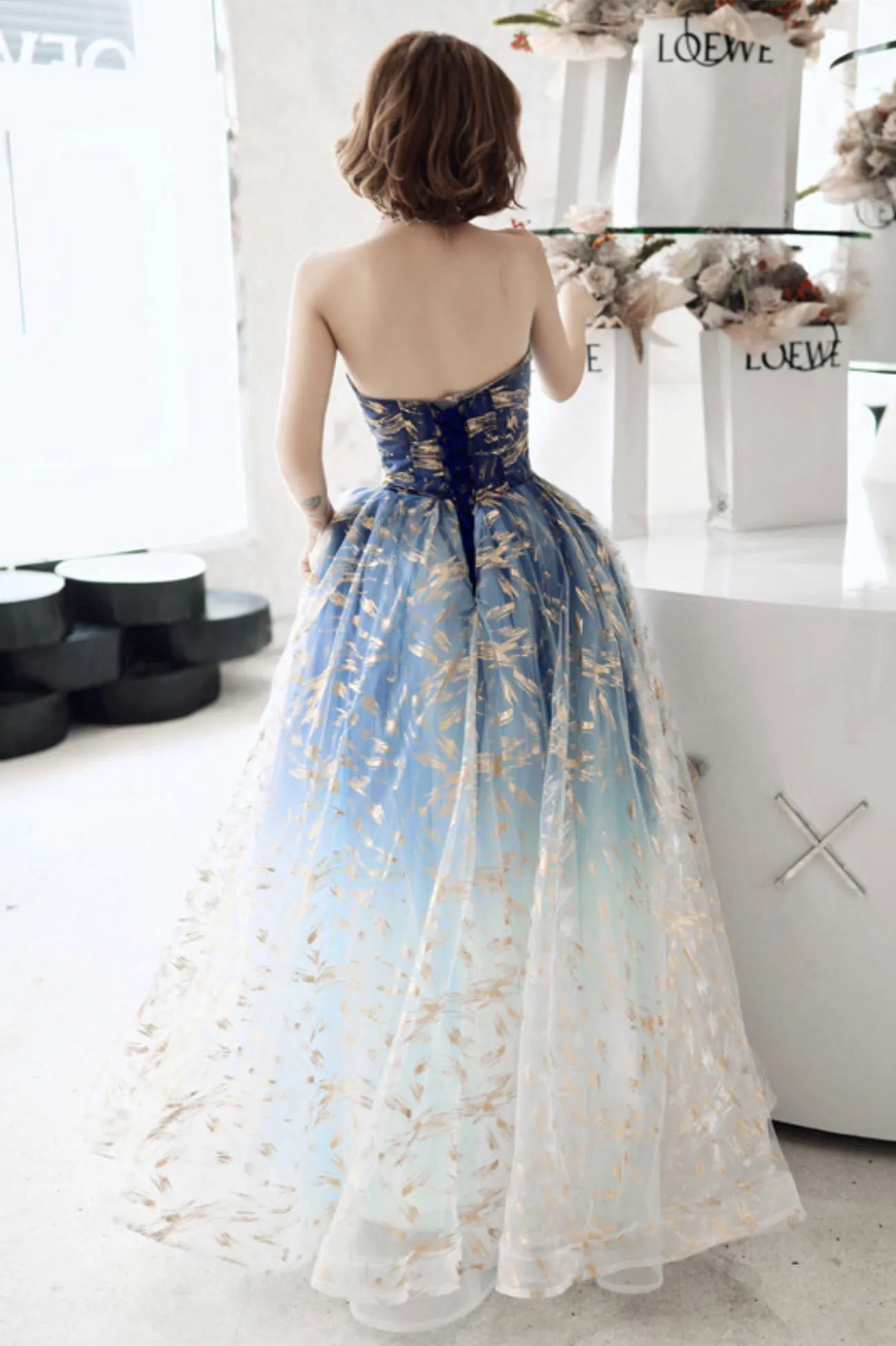 Blue Strapless Gradient Tulle Long Prom Dress